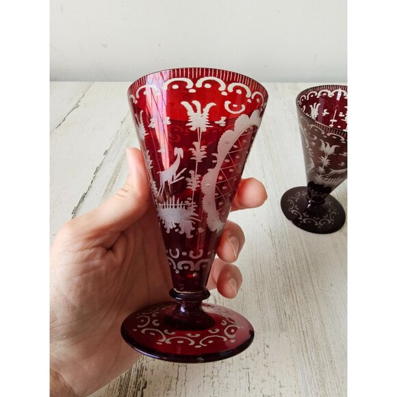 Egermann red Bohemian cut glass goblet champagne deer building cranberry vintage - Picture 4 of 6